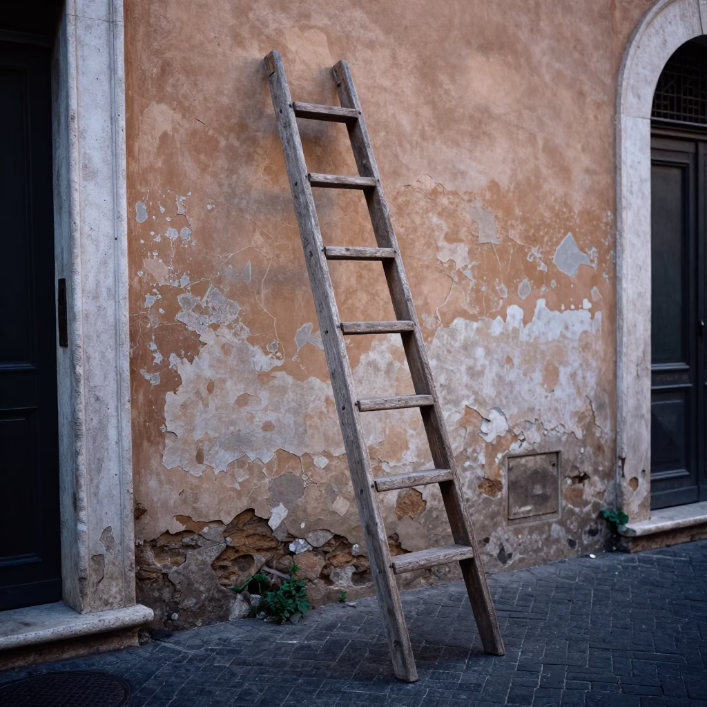 Early Morning Rome Street Scene with Wooden Ladder and Stair Rail in in Rome, Italy