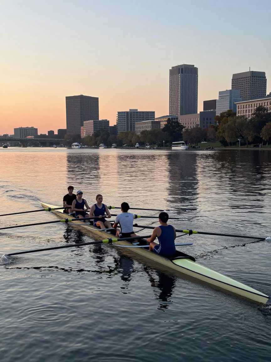 Early Morning Rowing Crew on Charles River Boston Massachusetts Before Sunrise in in Boston, Massachusetts, United States