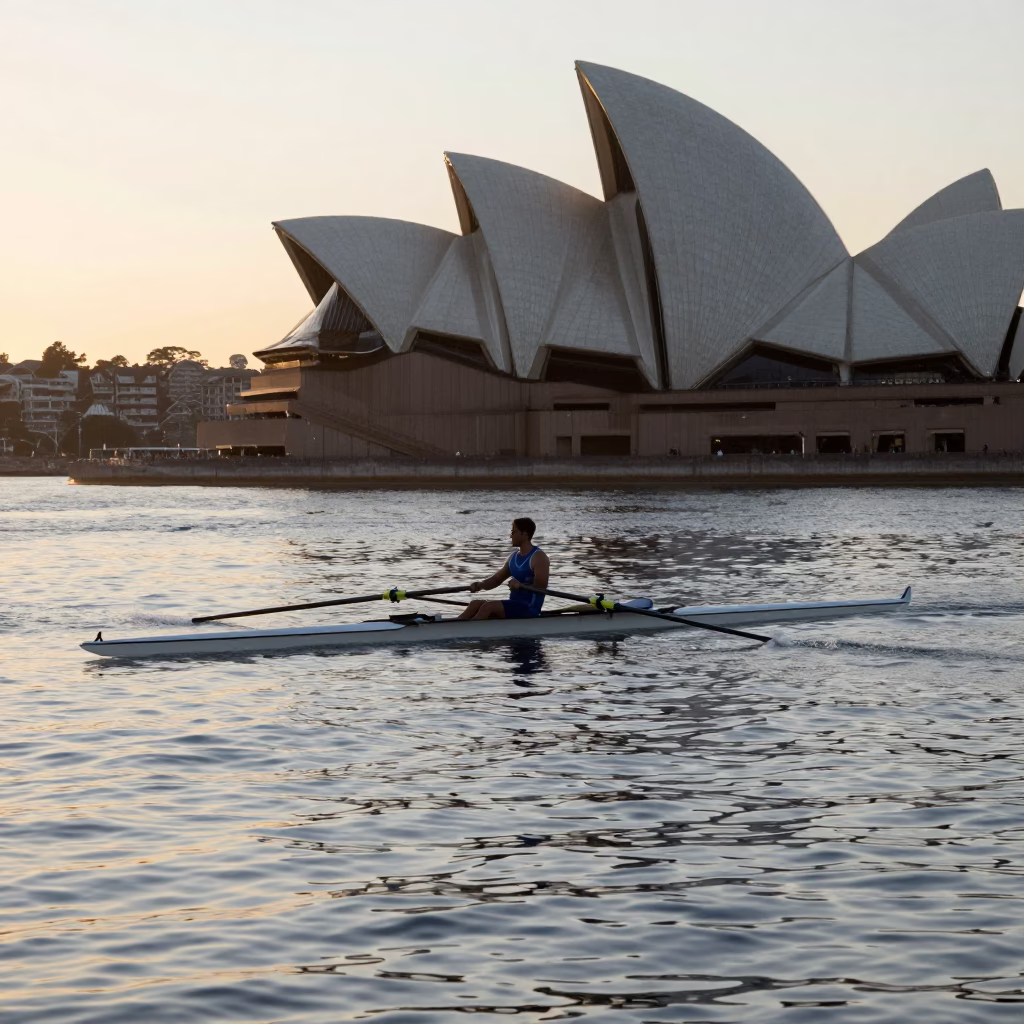 Early Morning Rowing Shell on Flat Water in Sydney Harbour NSW Australia in in Sydney, New South Wales, Australia