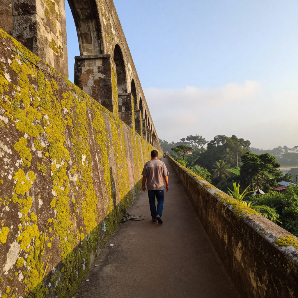Early Morning Salvador Brazil Aqueduct Maintenance Path with Lichen Parapets and Distant City Horizon in in Salvador, Brazil