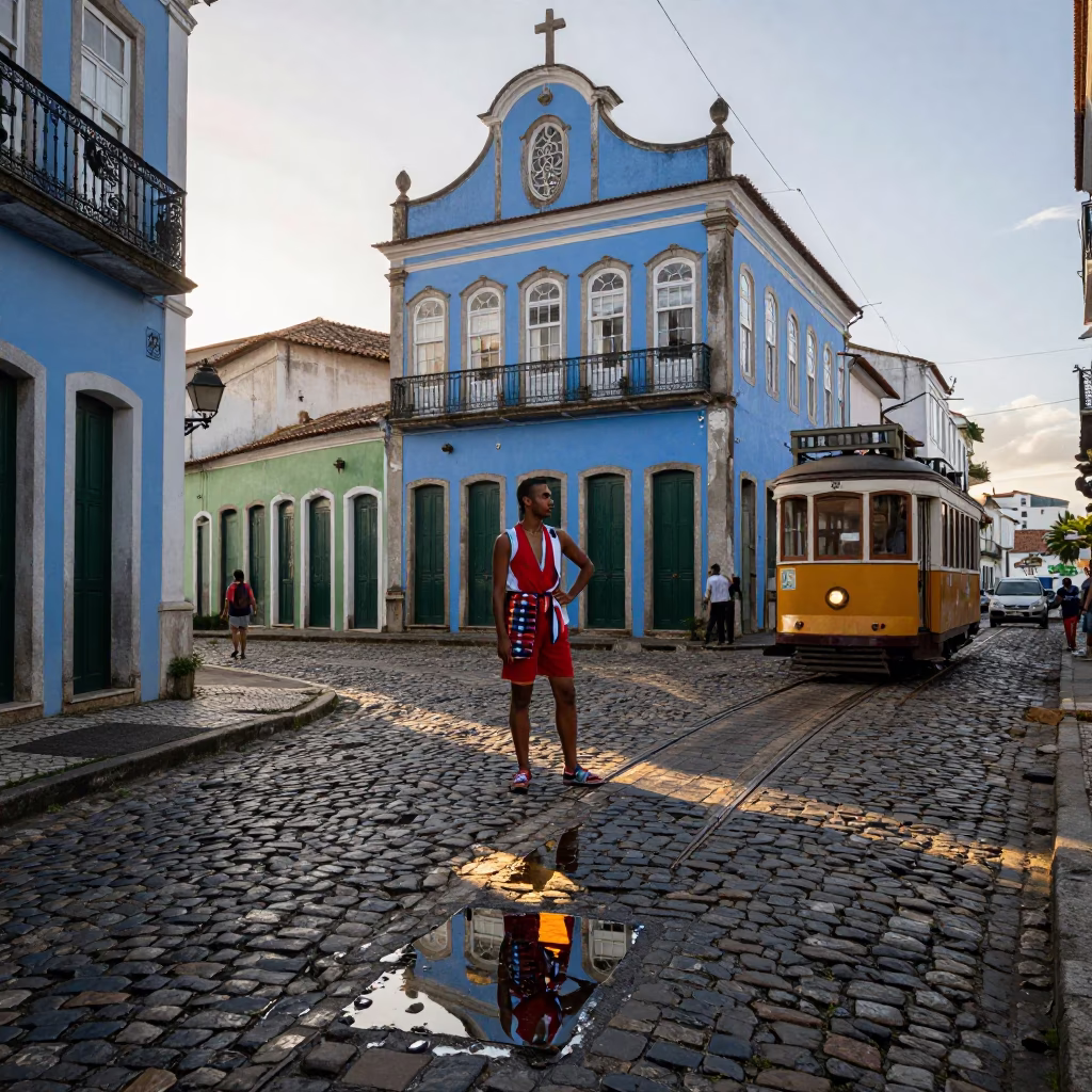 Early Morning Salvador Brazil Street Fashion and Cobblestone Tram Reflections in in Salvador, Brazil
