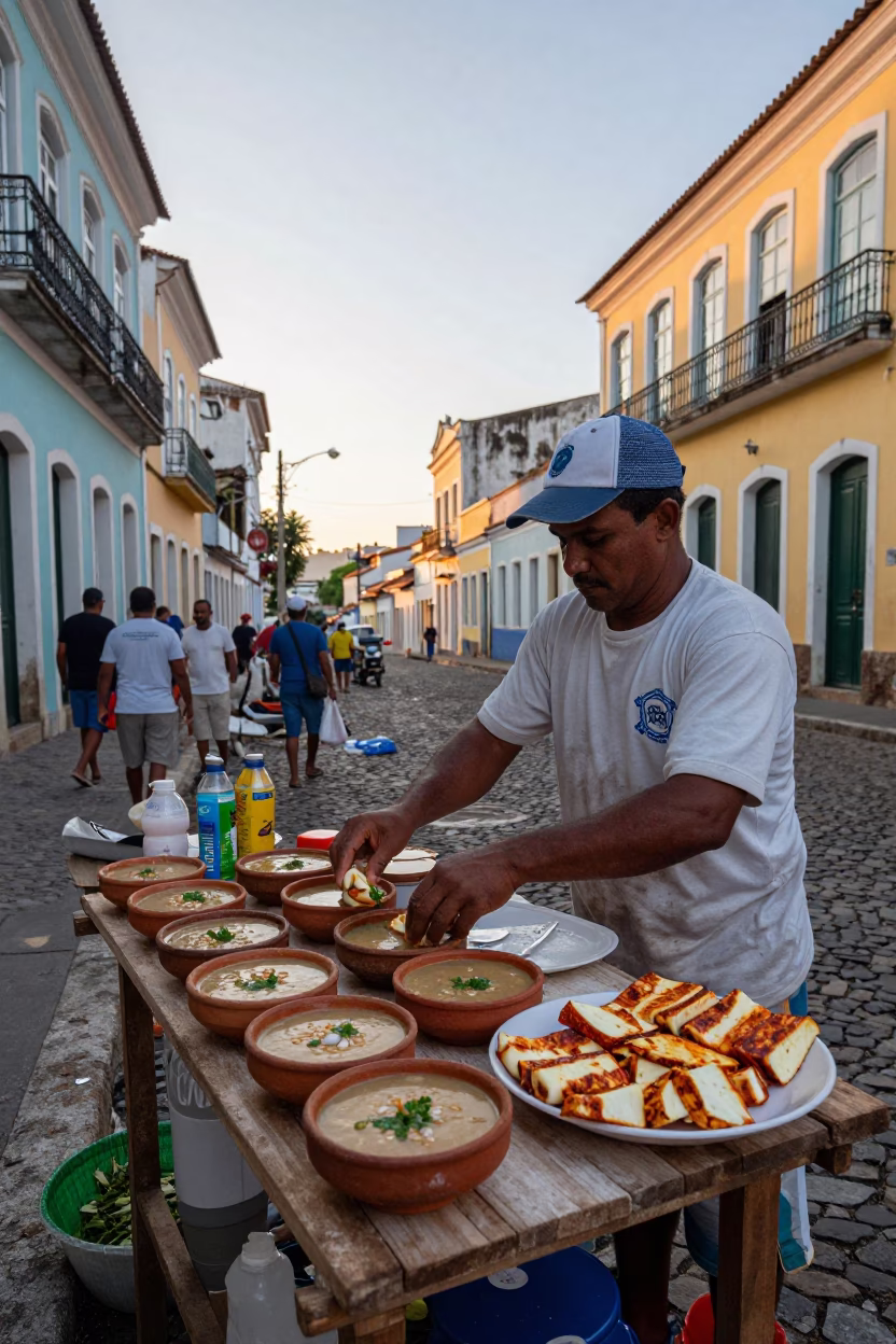 Early Morning Salvador Brazil Street Market Vendor Preparing Fresh Food at Dawn in in Salvador, Brazil