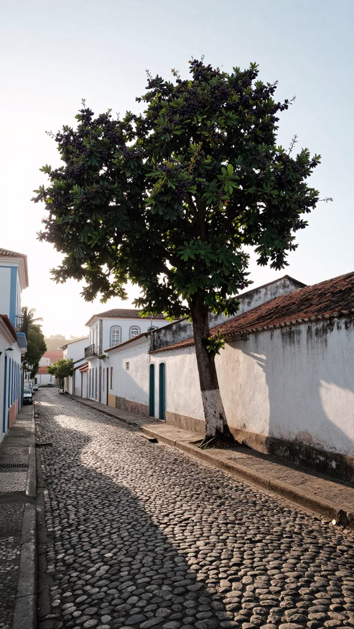 Early Morning Salvador Brazil Street Scene with Fig Tree and Clothesline in in Salvador, Brazil