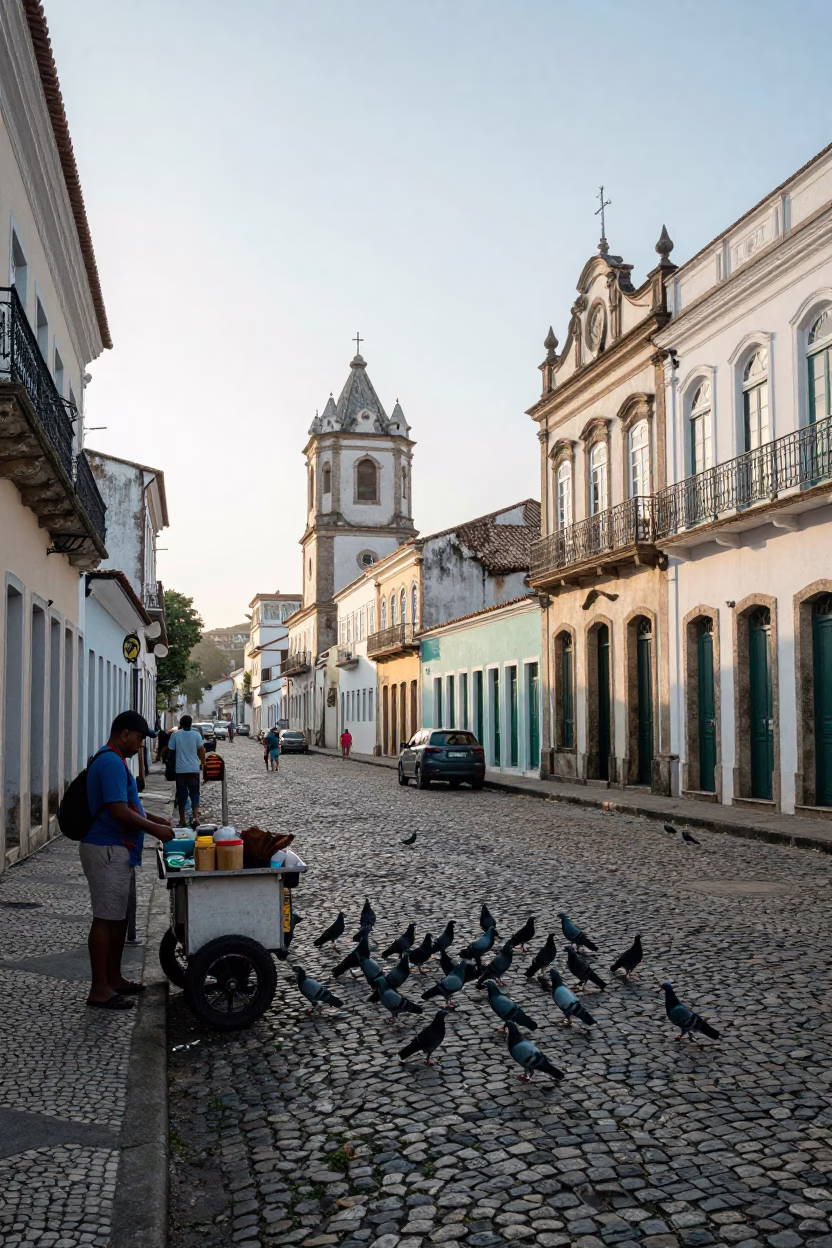 Early Morning Salvador Brazil Street Scene with Pigeons and Local Market Activity in in Salvador, Brazil
