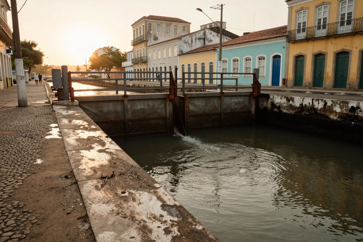 Early Morning Salvador Brazil Street Scene with Sluice Gate and Canal in in Salvador, Brazil