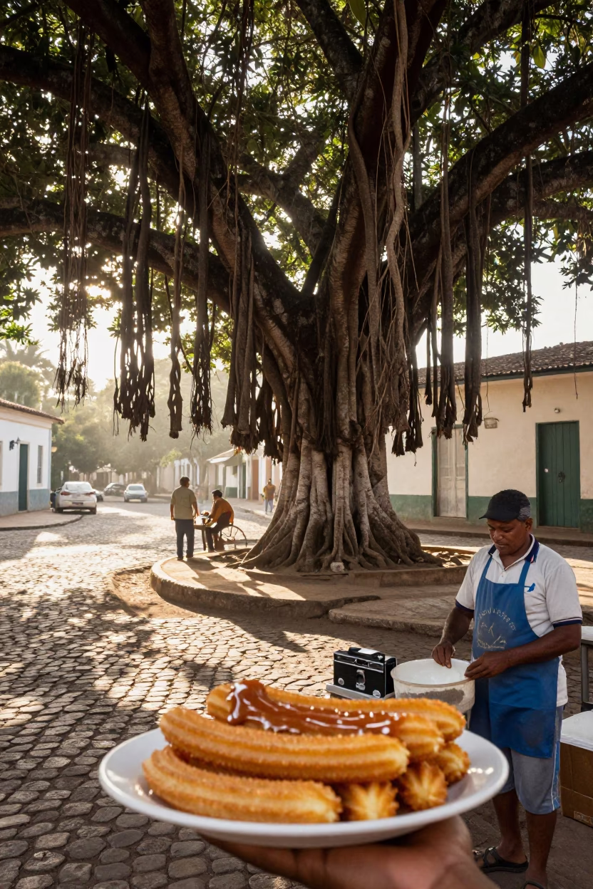 Early Morning Salvador Brazil Street Scene with Strangler Fig and Local Commerce in in Salvador, Brazil