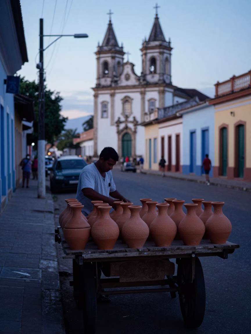 Early Morning Salvador Brazil Street Scene with Traditional Stoneware and Air Plants in in Salvador, Brazil