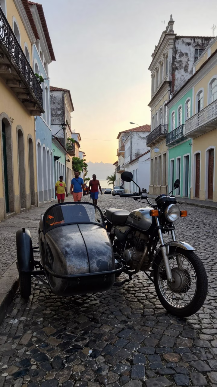 Early Morning Salvador Brazil Street Scene with Vintage Motorcycle Sidecar and Local Commerce in in Salvador, Brazil