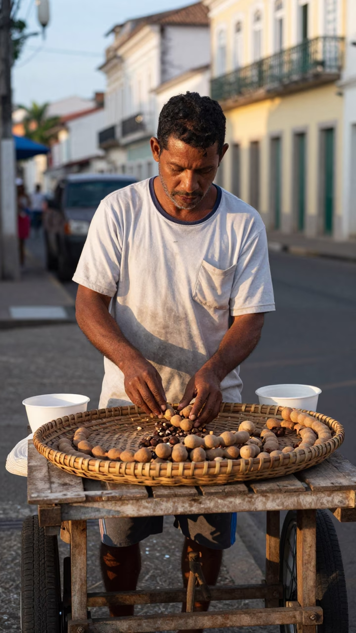 Early Morning Salvador Brazil Street Vendor Selling Tamarind Pods on Busy Cobblestone Corner in in Salvador, Brazil