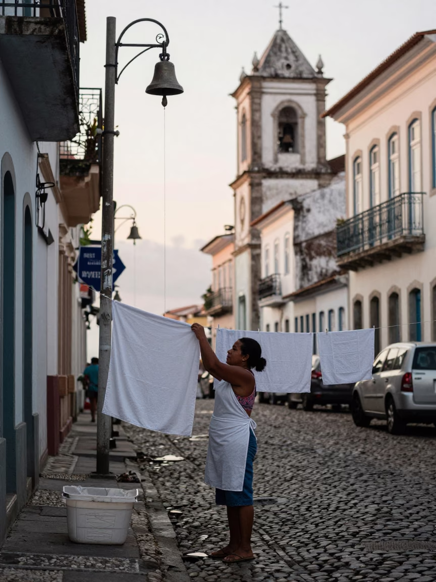 Early Morning Salvador Street Scene with Bell and Drying Towels in in Salvador, Brazil