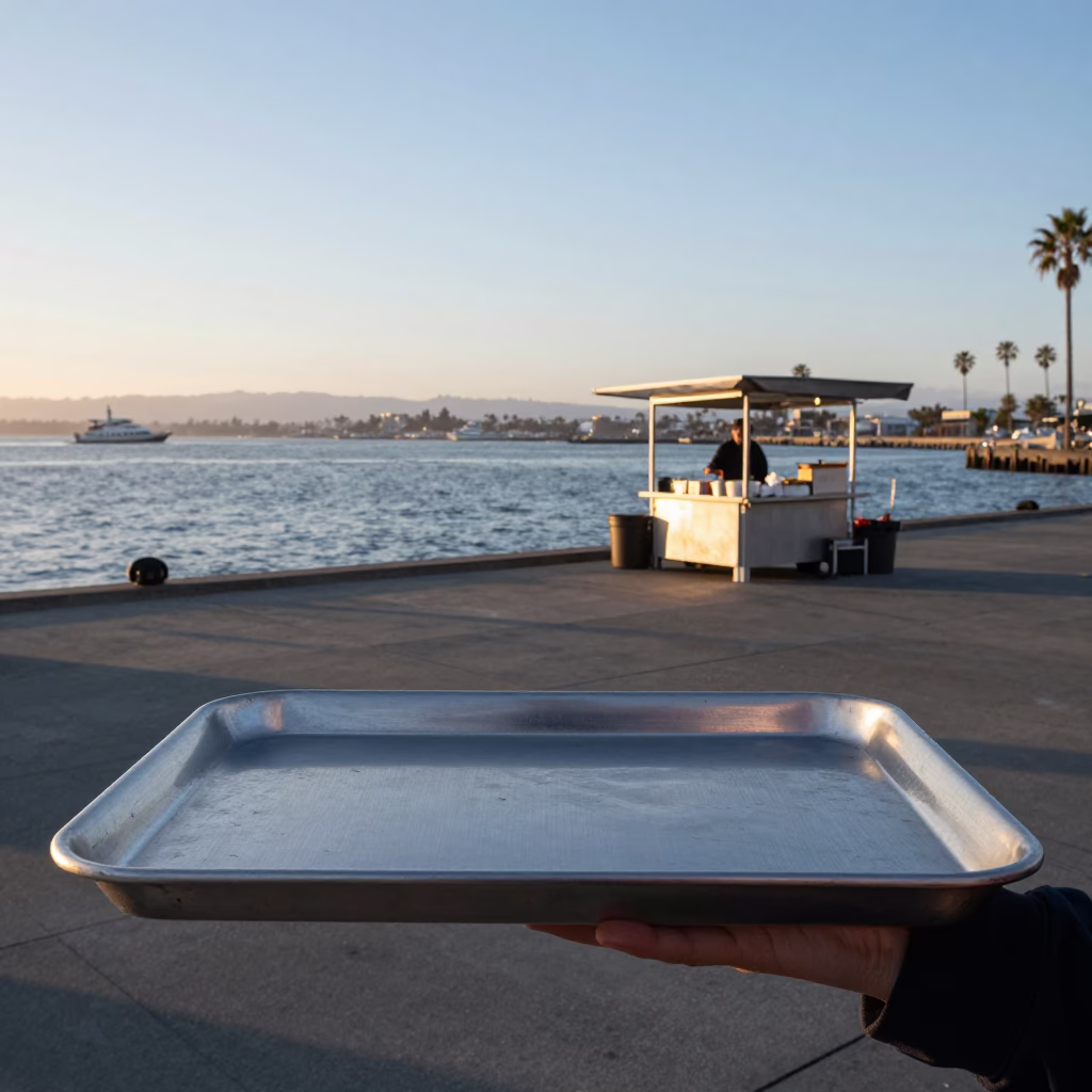 Early Morning San Diego Harbor Scene with Brushed Steel Tray and Dish Rack in in San Diego, California, United States