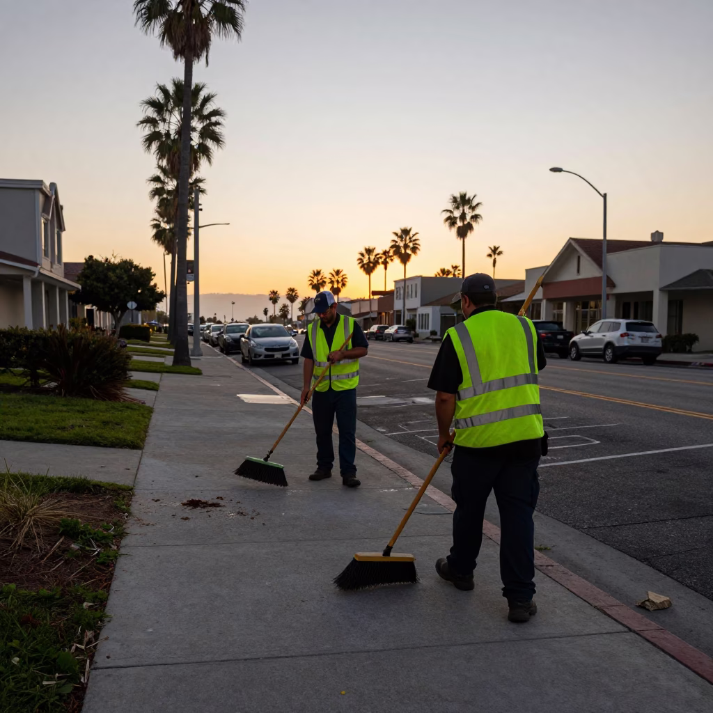 Early Morning San Diego Street Cleaning Crew with Brooms Near Concrete Brutalist Building in in San Diego, California, United States