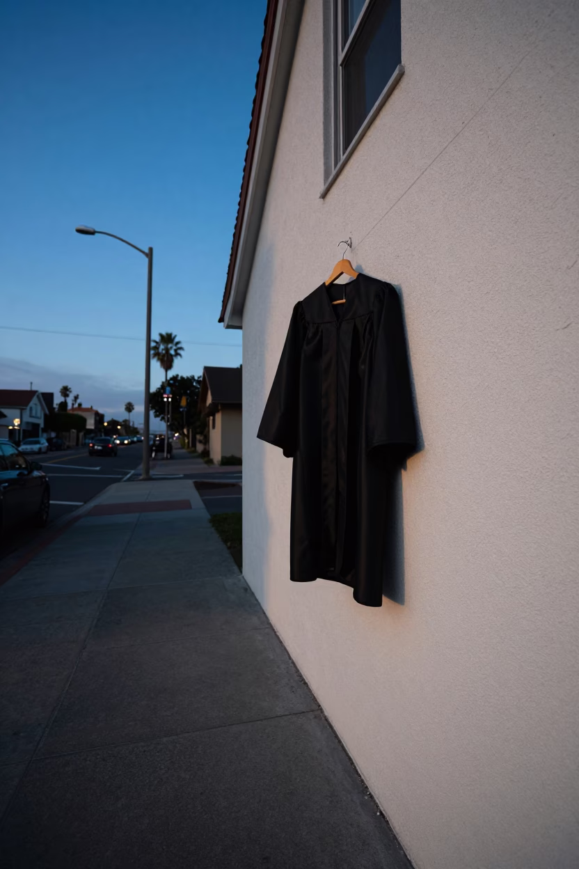 Early Morning San Diego Street Scene with Hanging Graduation Gown at Dawn in in San Diego, California, United States