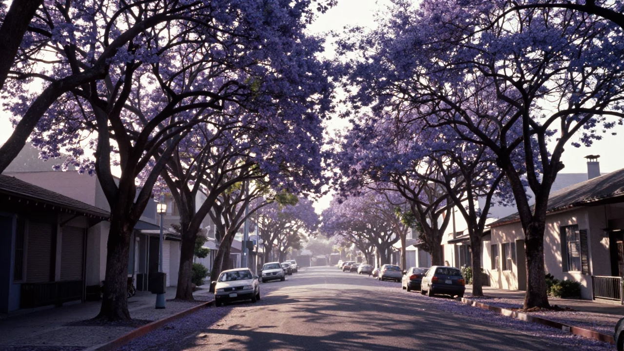 Early Morning San Diego Street Scene with Jacaranda Tree in Purple Bloom in in San Diego, California, United States