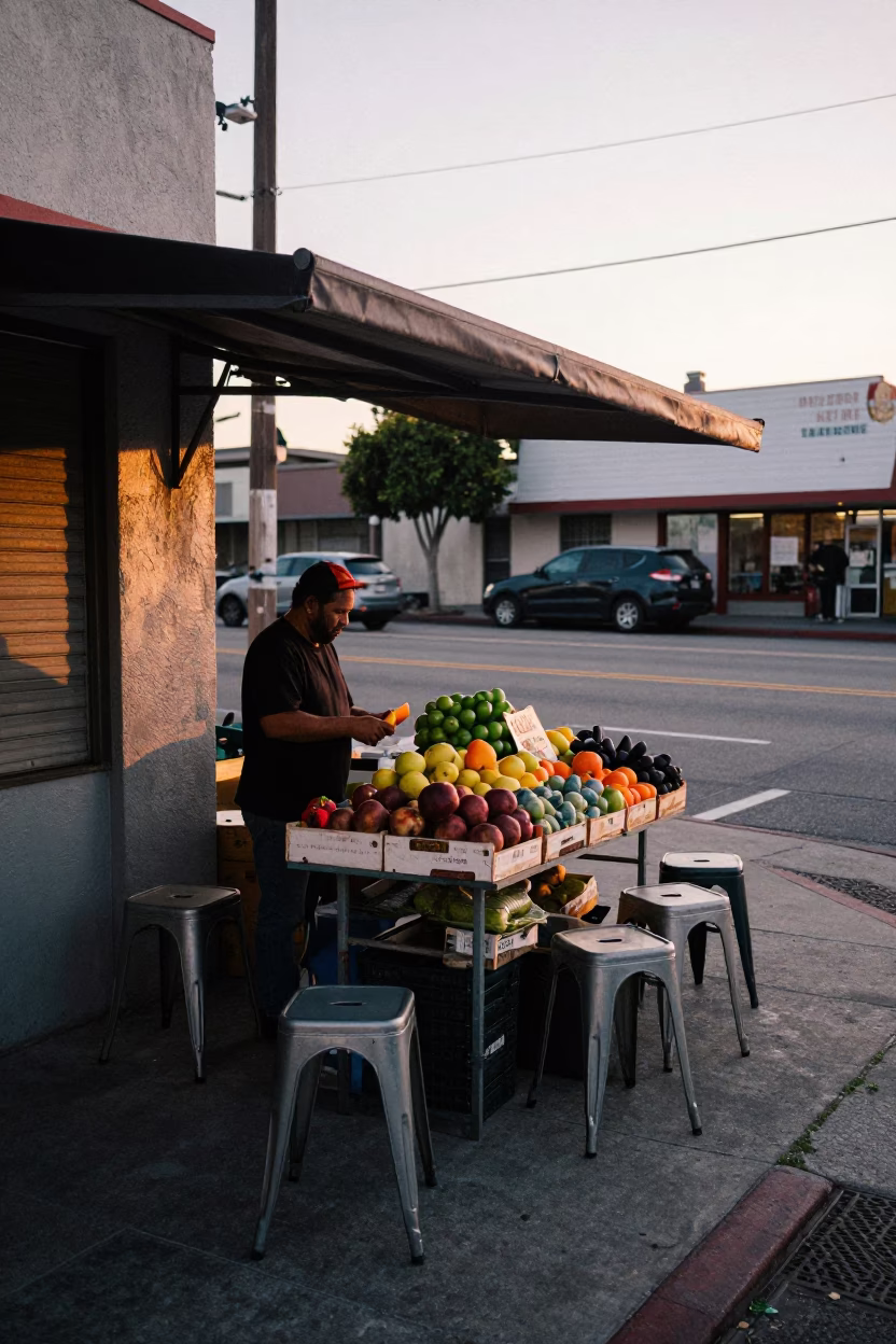 Early Morning San Diego Street Scene with Metal Stools and Fruit Display in in San Diego, California, United States