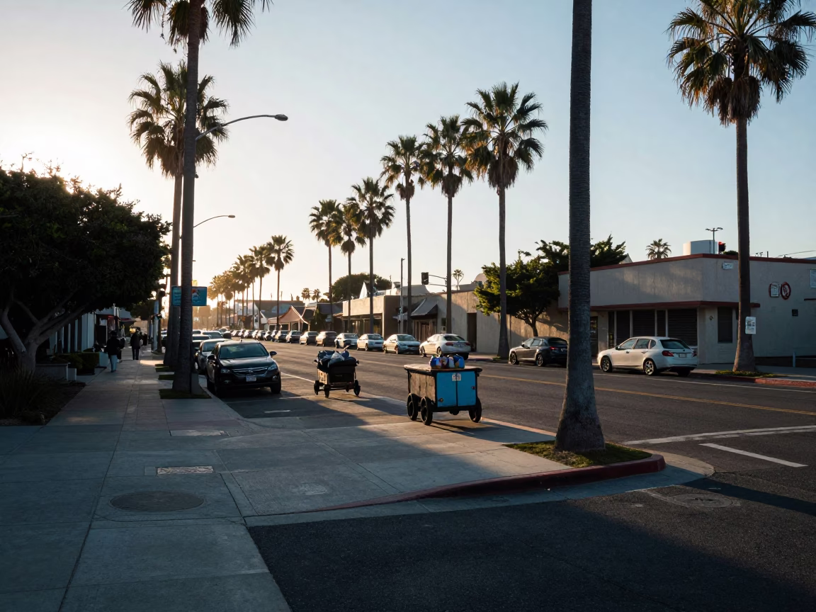 Early Morning San Diego Street Scene with Rolling Carts and Local Commerce in in San Diego, California, United States