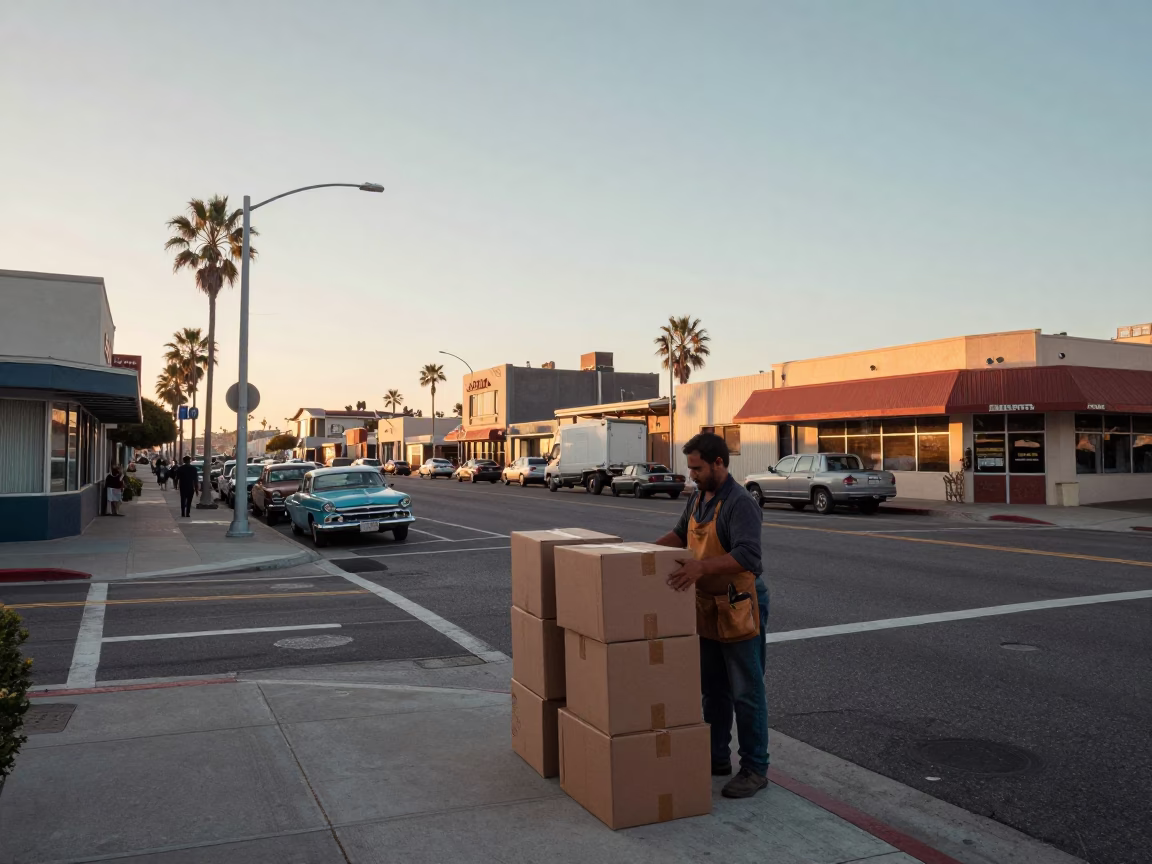 Early Morning San Diego Street Scene with Vintage 1950s Details and Urban Life in in San Diego, California, United States
