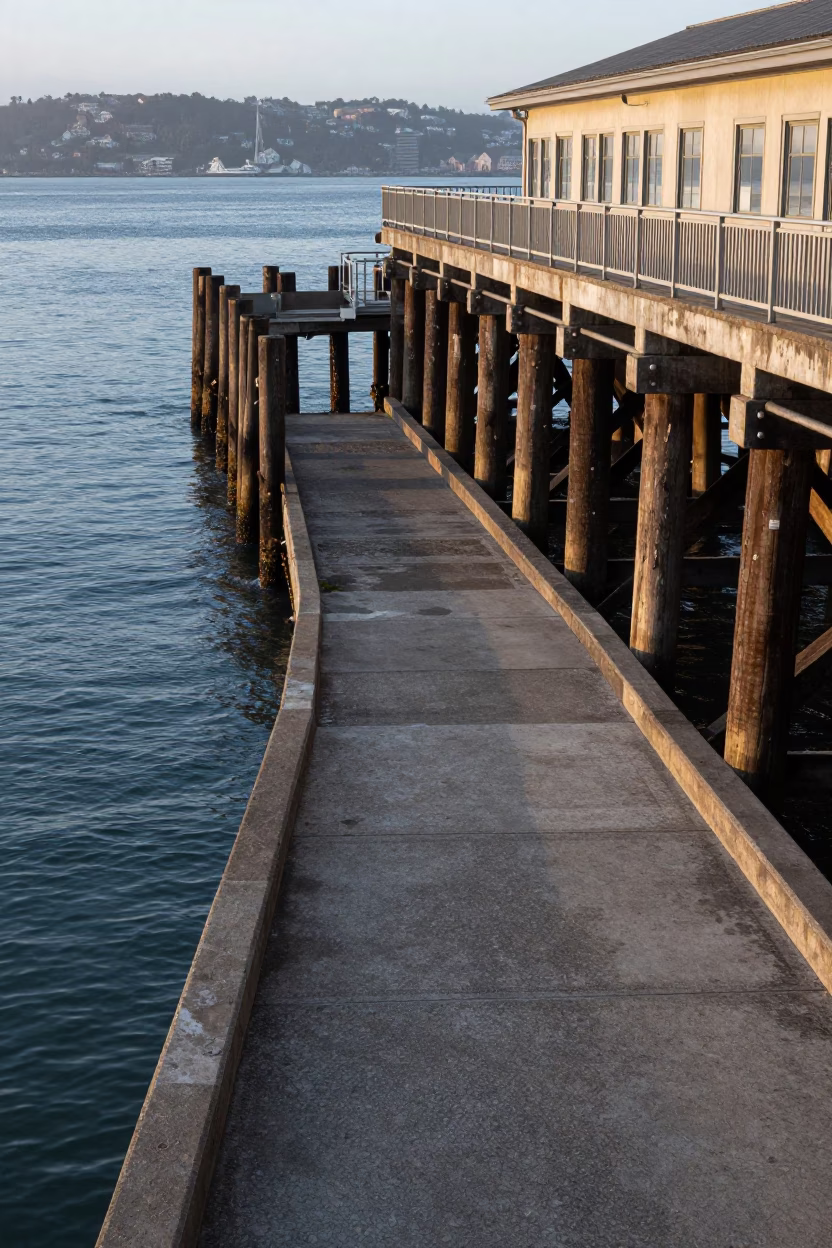 Early Morning San Francisco Ferry Building Ramp and Piling System at Low Tide in in San Francisco, California, United States