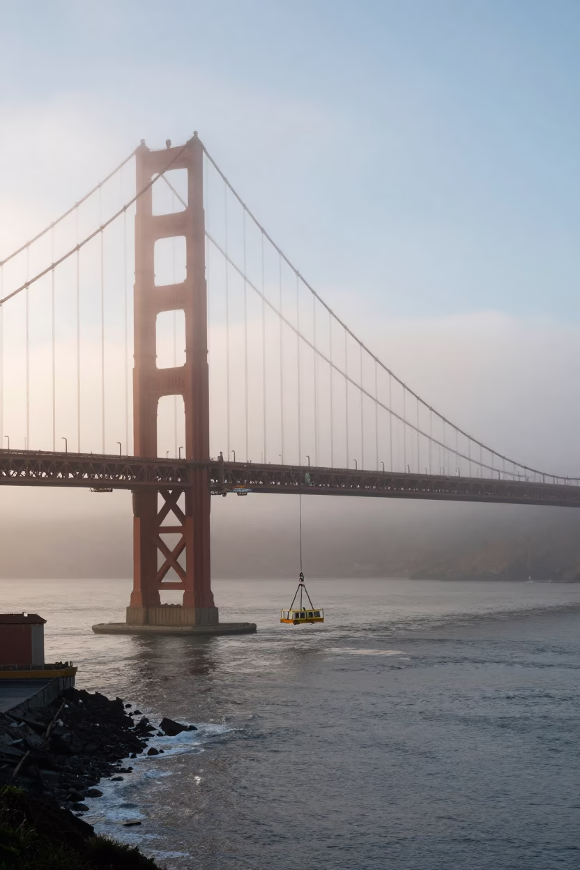 Early Morning San Francisco Fog and Golden Gate Bridge Maintenance Cradle Scene in in San Francisco, California, United States