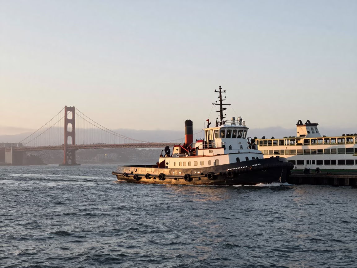 Early Morning San Francisco Harbor Scene with Tugboat and Ferry Docking Near Golden Gate in in San Francisco, California, United States
