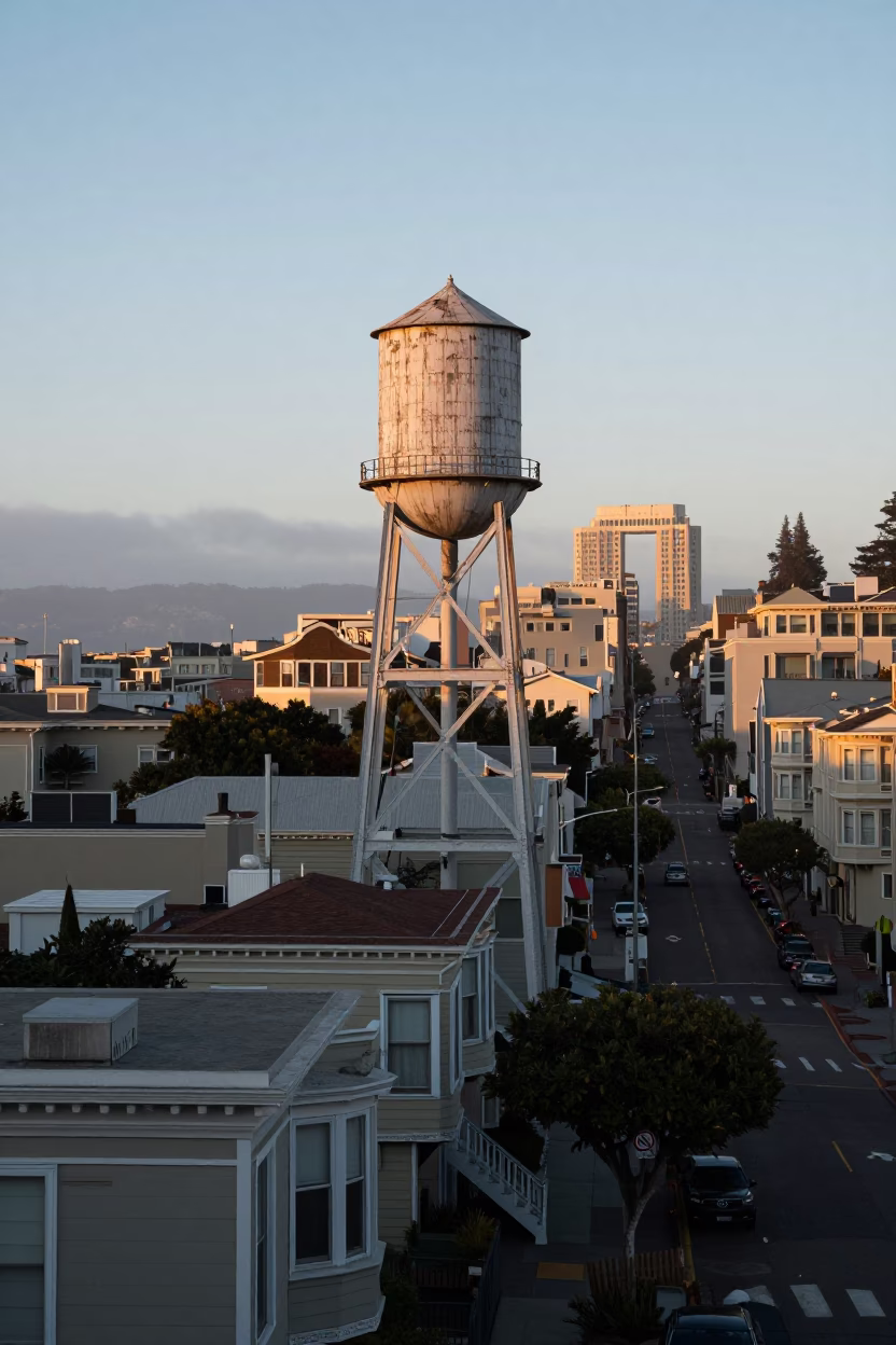 Early Morning San Francisco Rooftop Water Tower View with Urban Street Life in in San Francisco, California, United States