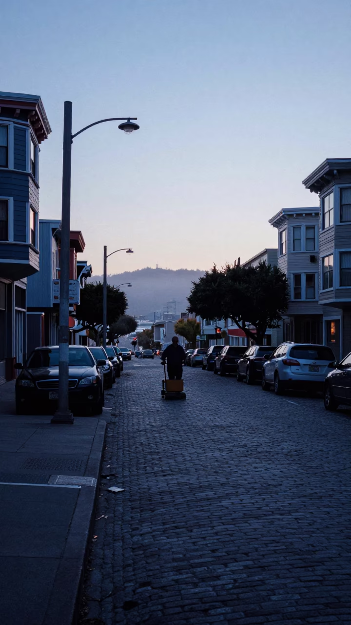 Early Morning San Francisco Street Scene Before Dawn with Local Market Activity in in San Francisco, California, United States