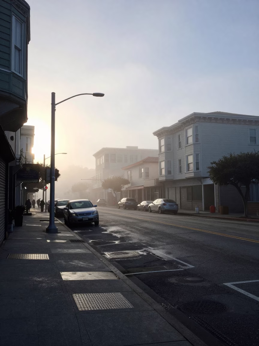 Early Morning San Francisco Street Scene Before Sunrise with Condensation and Urban Details in in San Francisco, California, United States