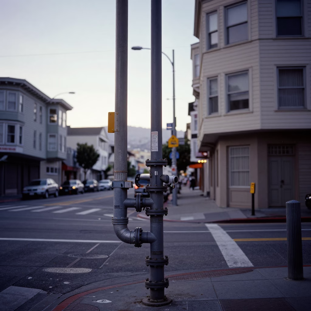 Early Morning San Francisco Street Scene with District Heating Pipe and Urban Details in in San Francisco, California, United States
