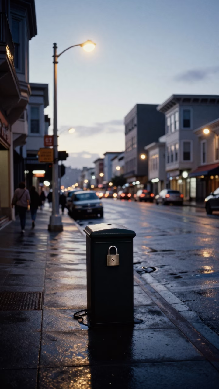 Early Morning San Francisco Street Scene with Lockbox and Urban Details Before Dawn in in San Francisco, California, United States