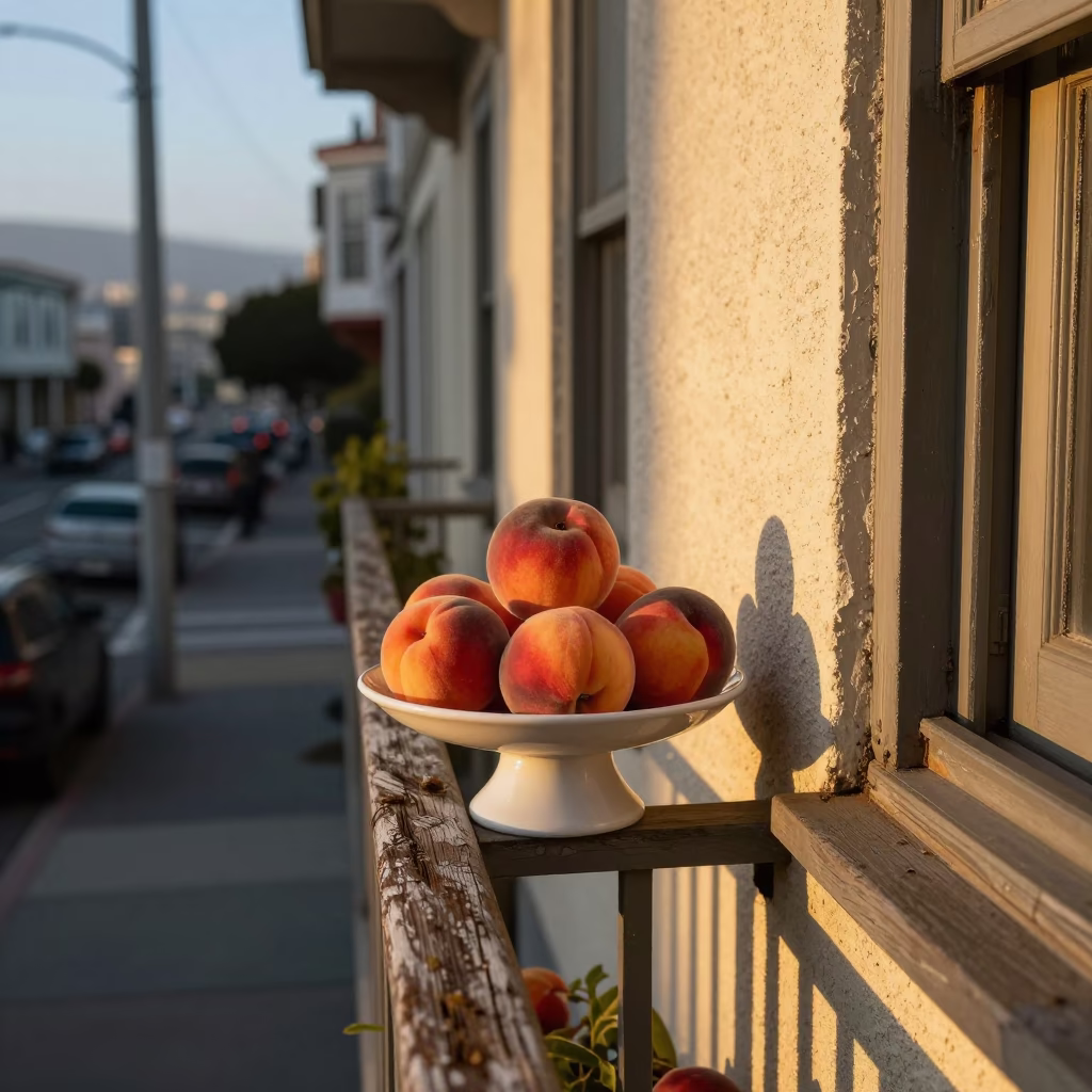 Early Morning San Francisco Street Scene with Peaches and Stacked Plates on a Balcony in in San Francisco, California, United States
