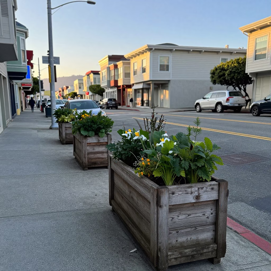 Early Morning San Francisco Street Scene with Potted Herbs and Vintage Details in in San Francisco, California, United States