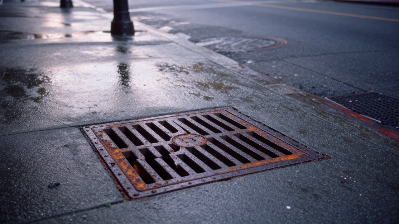 Early Morning San Francisco Street Scene with Rusty Drain and Hydrangeas in in San Francisco, California, United States