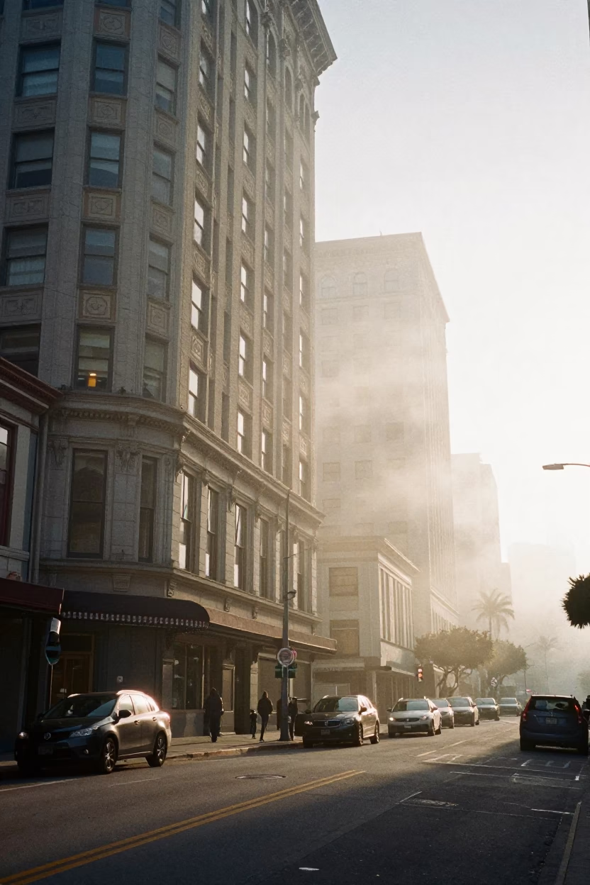 Early Morning San Francisco Street Scene with Steam Haze and Concrete Architecture in in San Francisco, California, United States