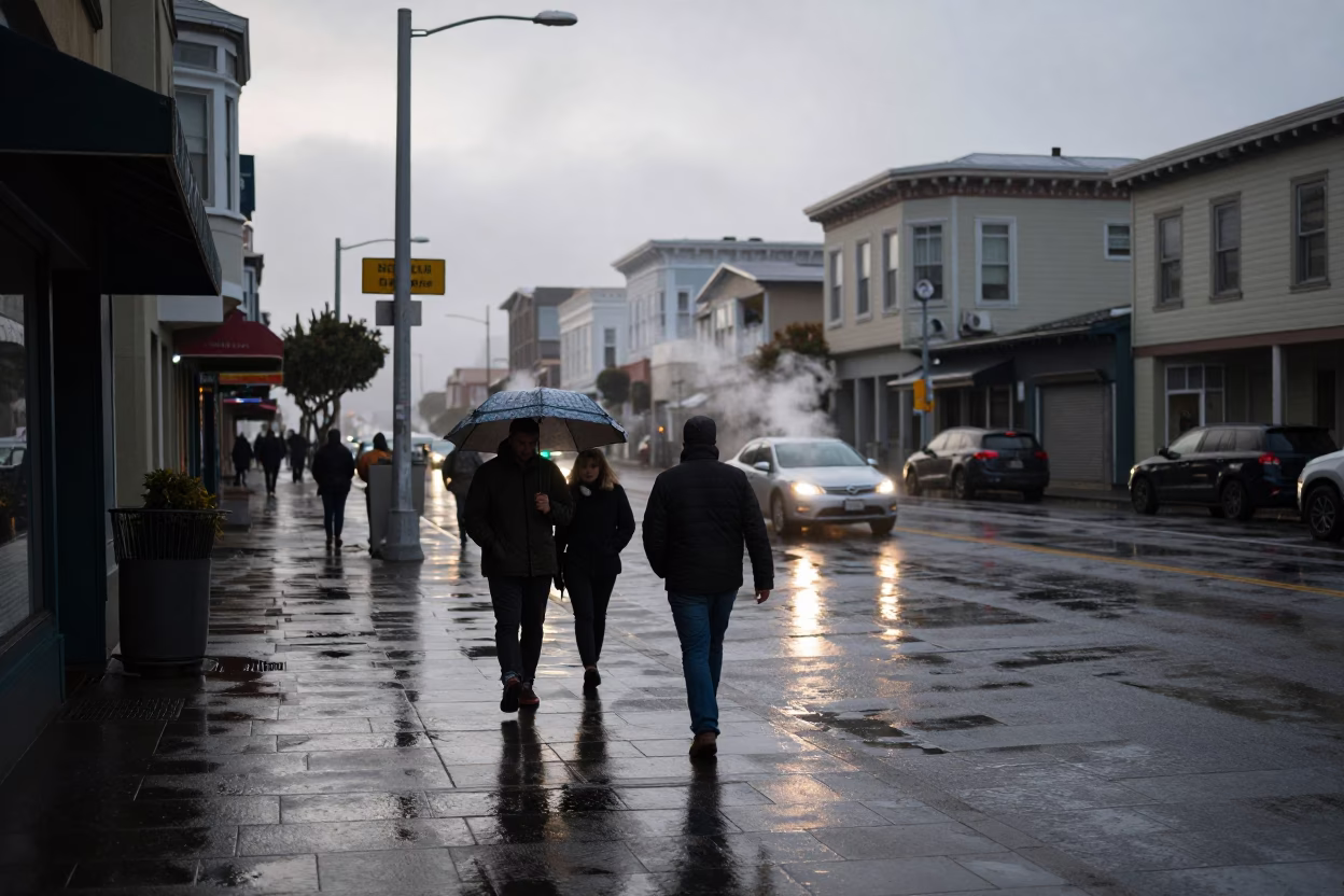 Early Morning San Francisco Street Scene with Steaming District Heating Pipes and Wet Flagstones in in San Francisco, California, United States