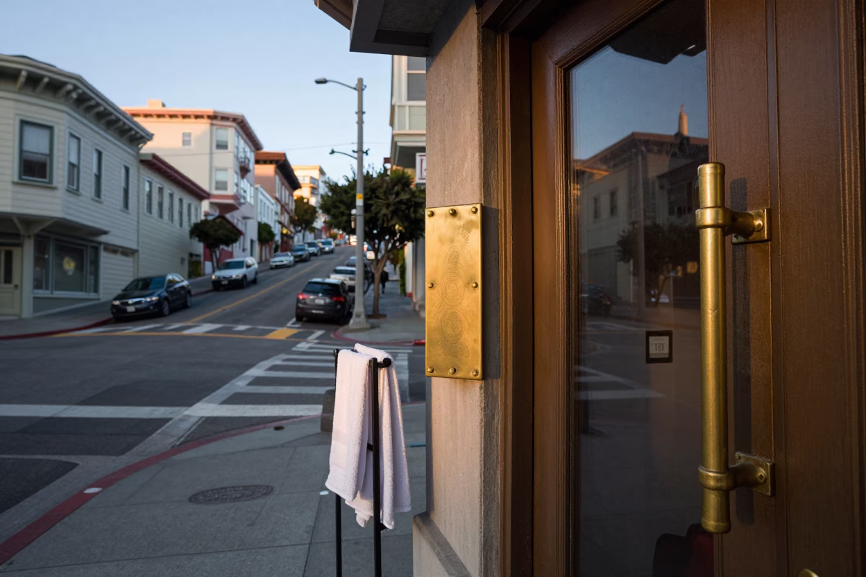 Early Morning San Francisco Street Scene with Vintage Brass Hardware and Drying Linens in in San Francisco, California, United States