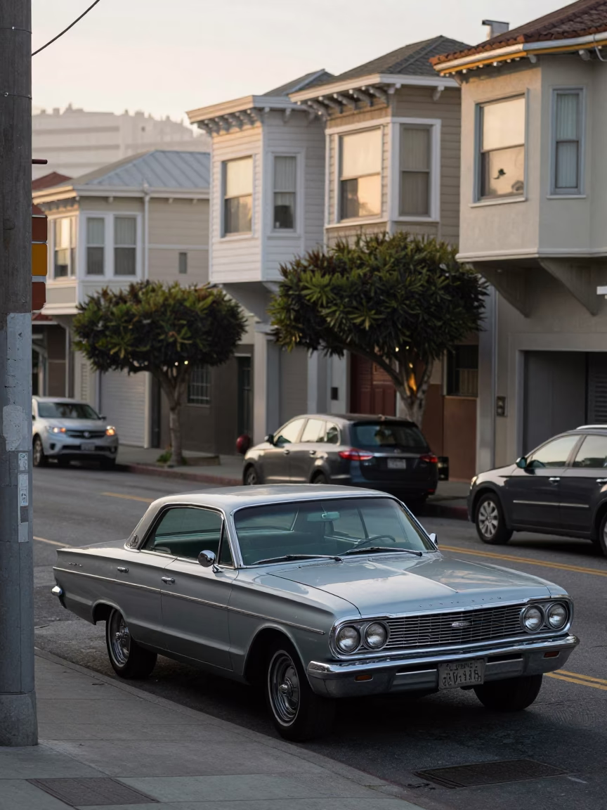 Early Morning San Francisco Street Scene with Vintage Car and Local Details in in San Francisco, California, United States