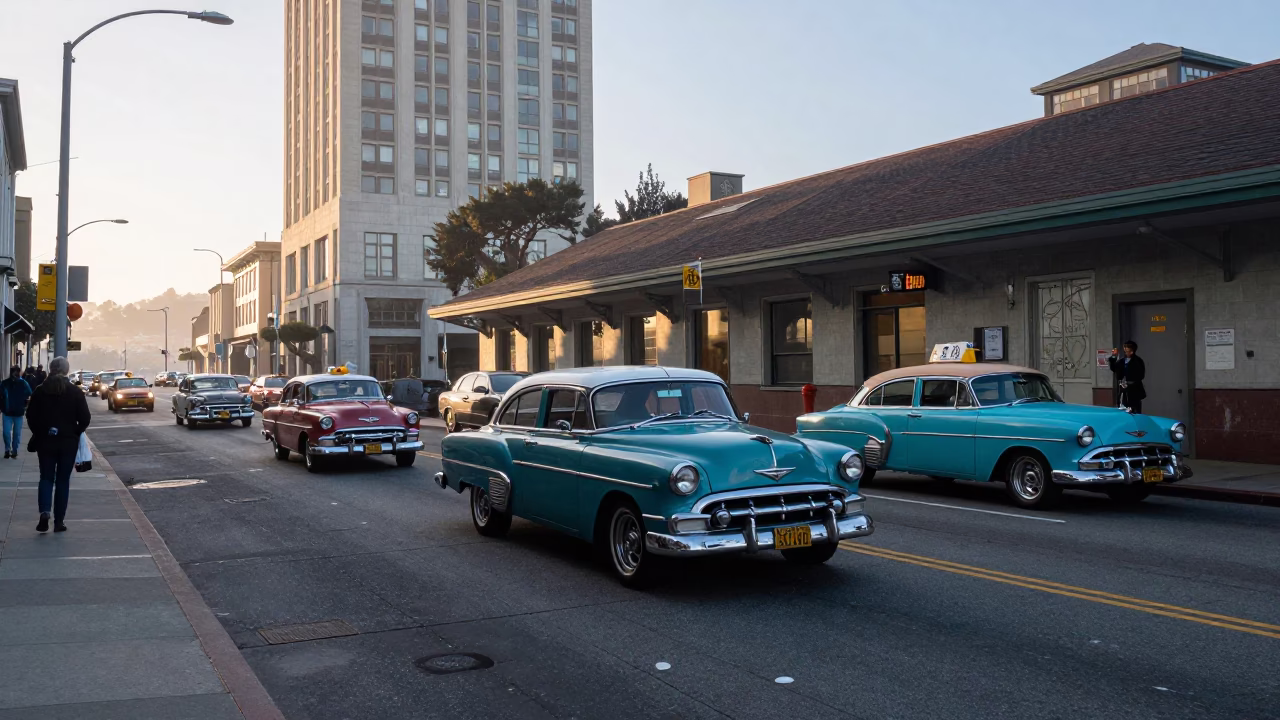 Early Morning San Francisco Street Scene with Vintage Car Rally and Taxi Rank in in San Francisco, California, United States