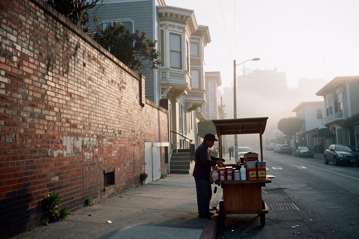 Early Morning San Francisco Street Scene with Vintage Coffee Tin and Iron Hook Detail in in San Francisco, California, United States