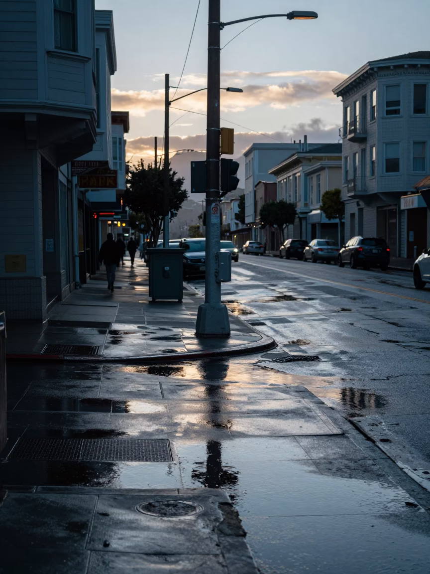 Early Morning San Francisco Street Scene with Wet Puddles and Substation Details in in San Francisco, California, United States