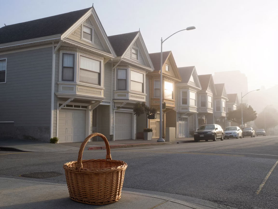 Early Morning San Francisco Street Scene with Wicker Basket and Urban Architecture in in San Francisco, California, United States