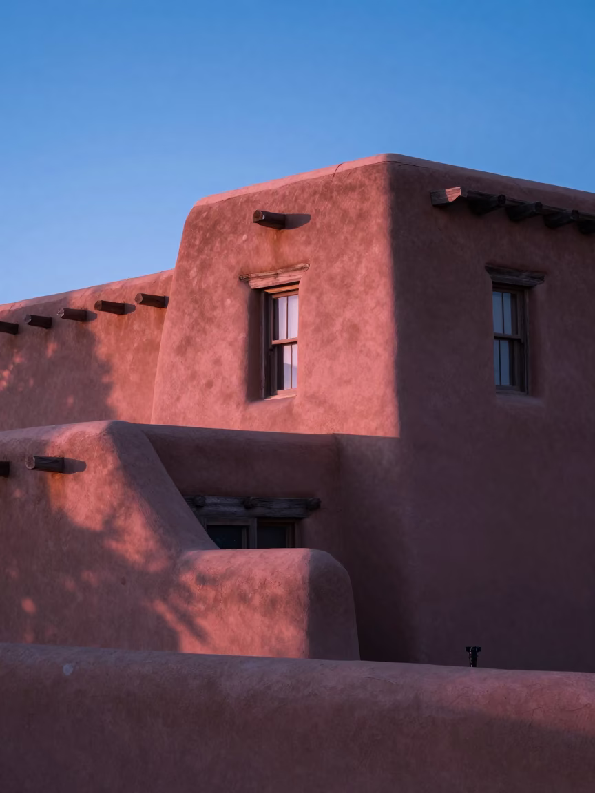 Early Morning Santa Fe Adobe Architecture and Blue Sky at First Light in in Santa Fe, New Mexico, United States