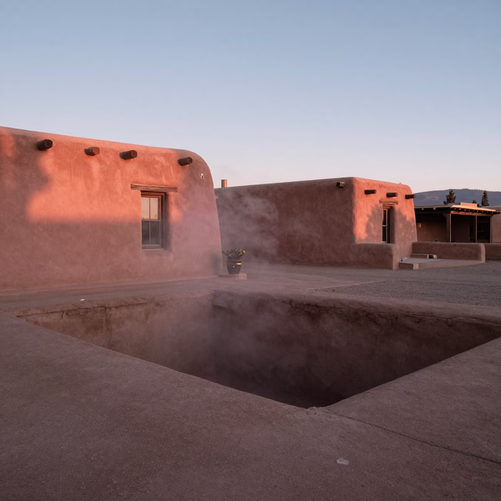 Early Morning Santa Fe Adobe Architecture and Steaming Utility Trench Before Dawn in in Santa Fe, New Mexico, United States