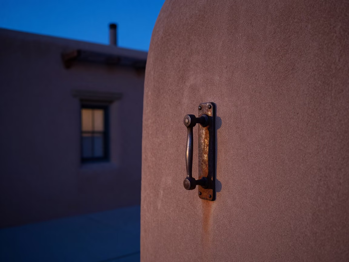 Early Morning Santa Fe Adobe Gate Handle and Grease Sheen in Pre-Dawn Light in in Santa Fe, New Mexico, United States