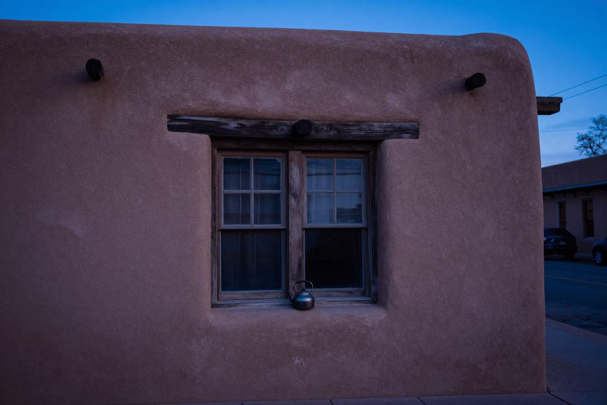 Early Morning Santa Fe Adobe Street Scene with Kettle on Window Ledge Before Sunrise in in Santa Fe, New Mexico, United States