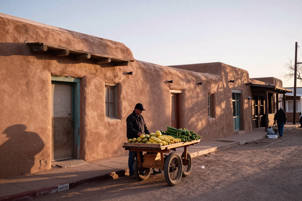 Early Morning Santa Fe Adobe Street Scene with Local Market Activity and Traditional Architecture in in Santa Fe, New Mexico, United States