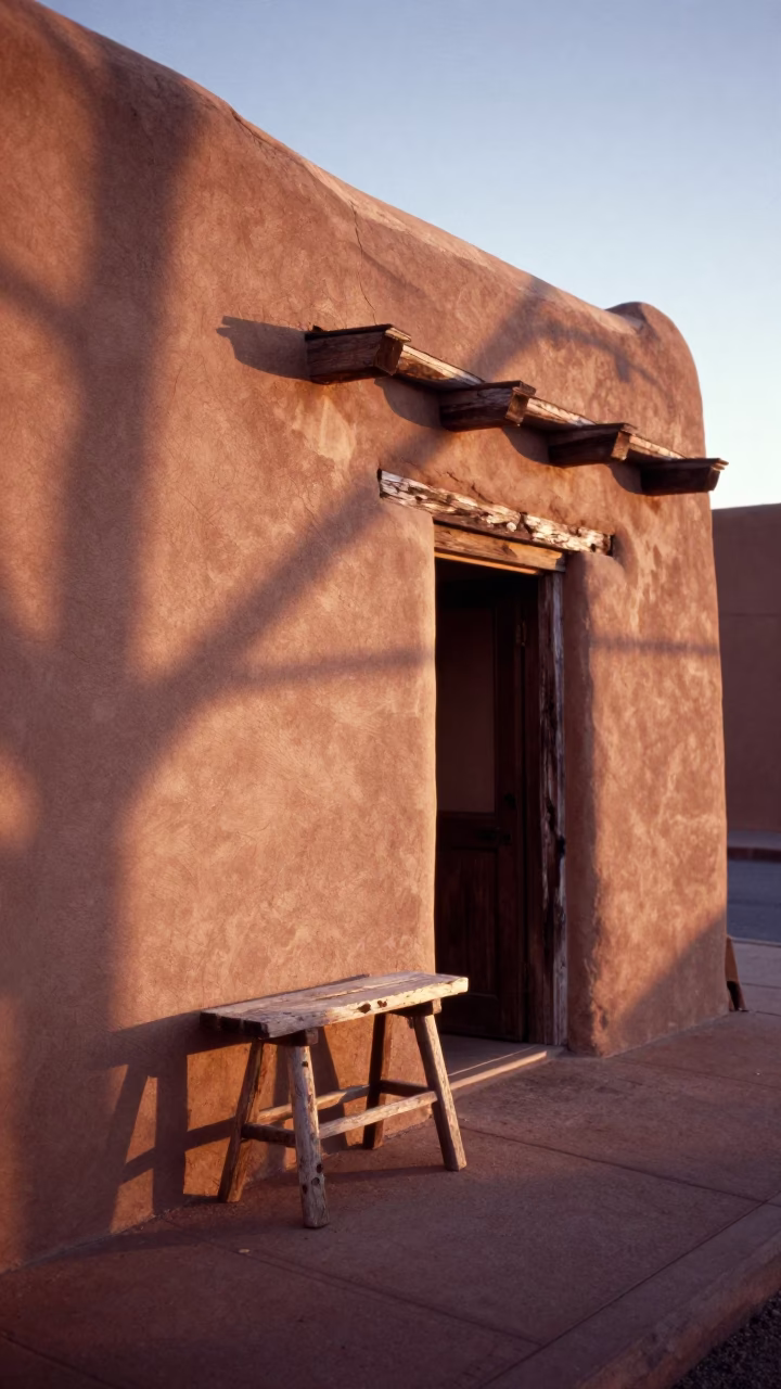 Early Morning Santa Fe Adobe Street Scene with Weathered Wood and Sunlight in in Santa Fe, New Mexico, United States
