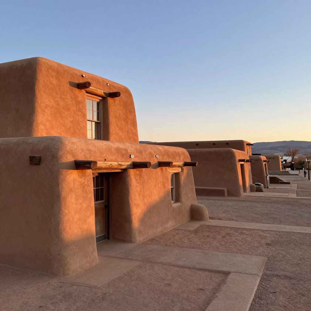 Early Morning Santa Fe New Mexico Adobe Architecture and Desert Landscape in in Santa Fe, New Mexico, United States