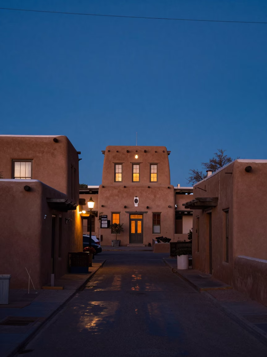 Early Morning Santa Fe New Mexico Adobe Architecture and Street Life Before Dawn in in Santa Fe, New Mexico, United States