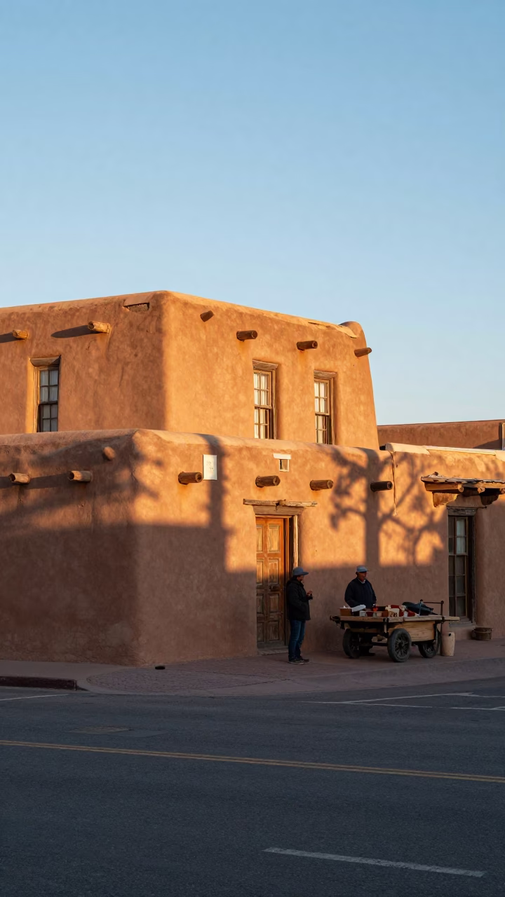 Early Morning Santa Fe New Mexico Adobe Architecture and Street Life in in Santa Fe, New Mexico, United States