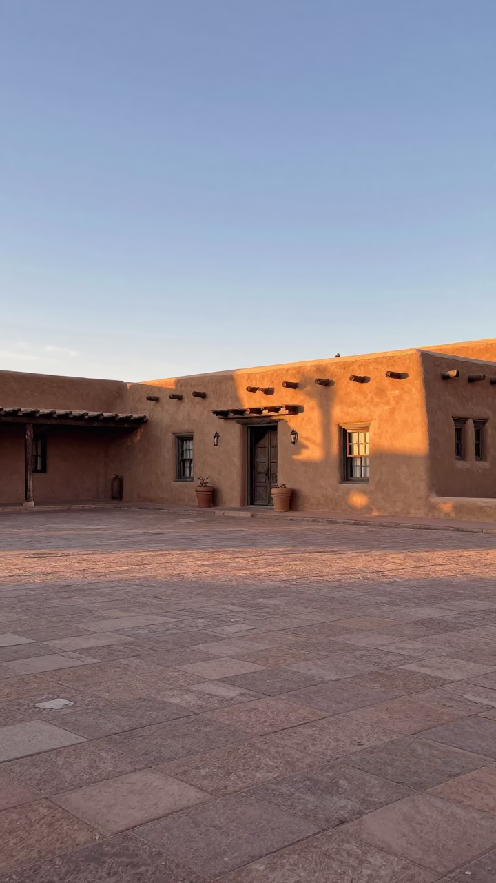 Early Morning Santa Fe Plaza Adobe Architecture and Local Morning Routine in in Santa Fe, New Mexico, United States